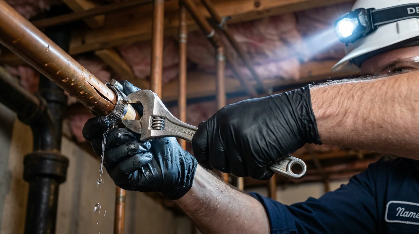 Emergency pipe clamp repair being performed by a Johns Plumbing LLC plumber in Port Jervis
