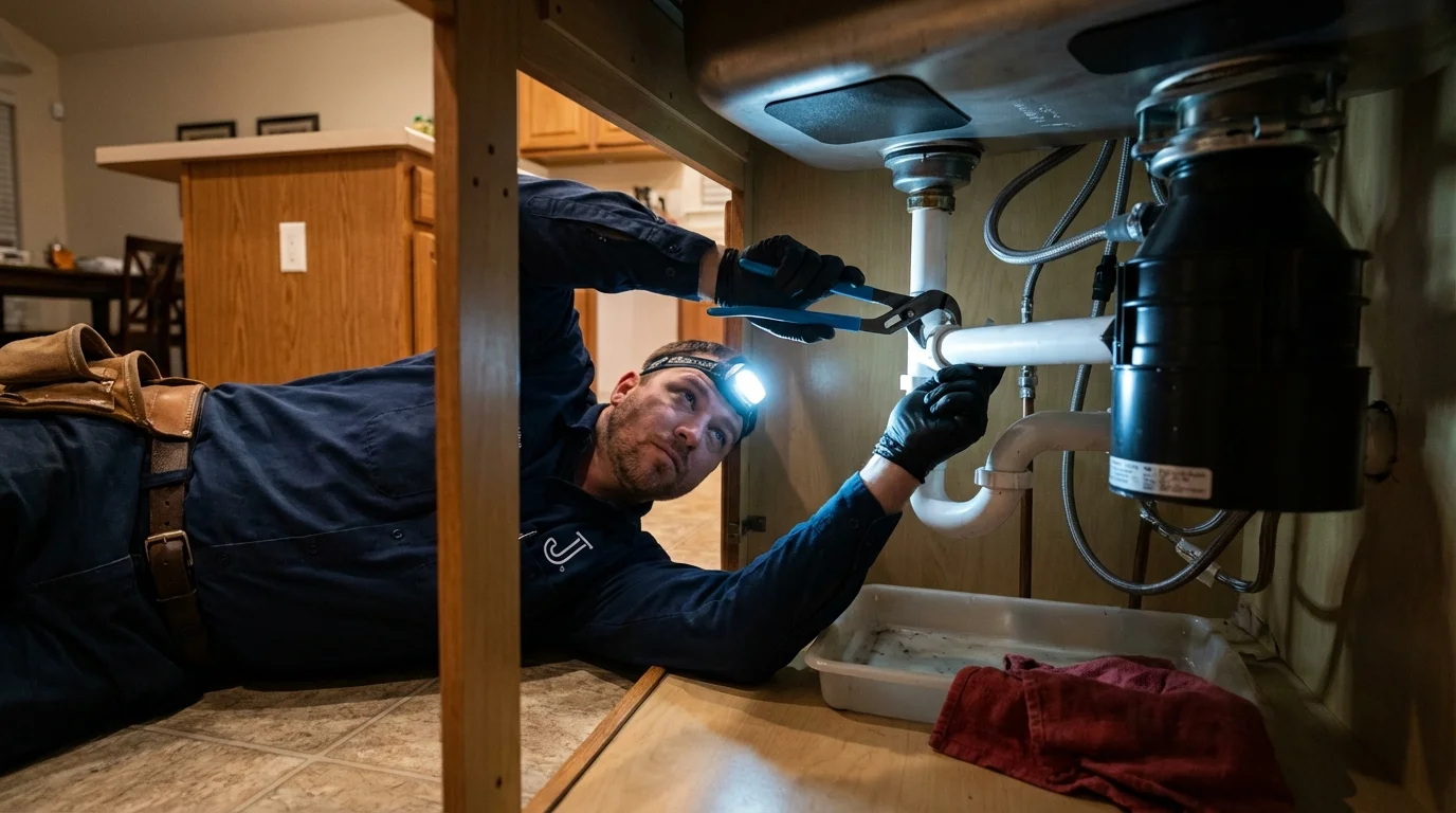 P-trap and supply line connections under a kitchen sink showing a common leak point in Port Jervis, NY